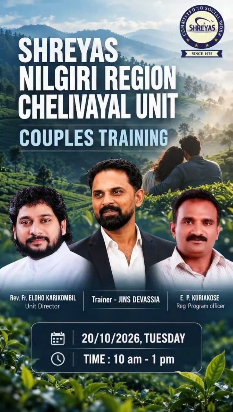 SHREYAS Nilgiri Region Chelivayal Unit Couples Training poster featuring trainer Jins Devassia, Unit Director Rev. Fr. Eldho Karikombil, and Regional Programme Officer E. P. Kuriakose.