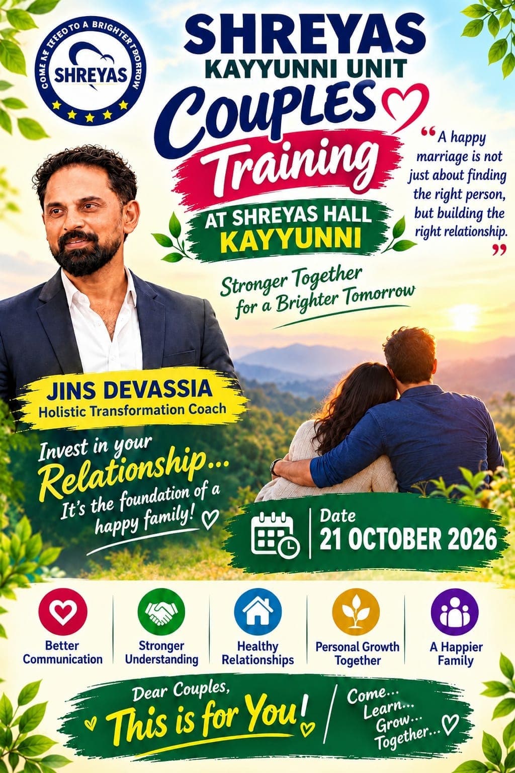 Jins Devassia presenting the SHREYAS Kayyunni Unit Couples Training programme, promoting better communication, stronger understanding, and healthier relationships.